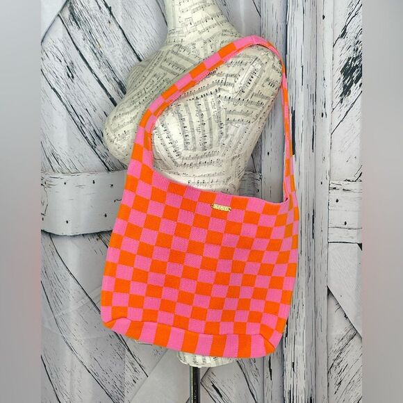 Kopari Neon Checkerboard Knit Shoulder Bag Orange Pink - Picture 1 of 4